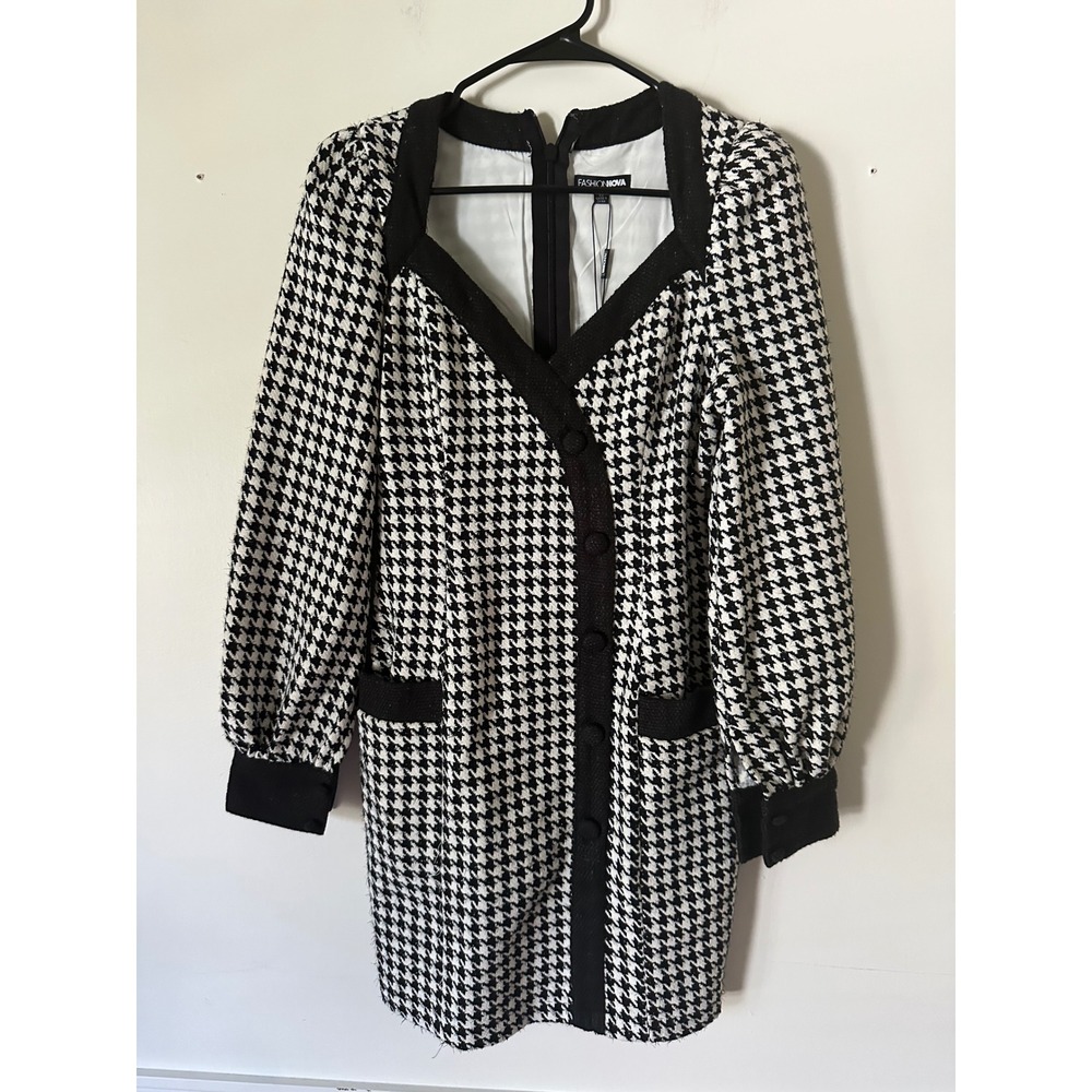 Fashion Nova‎ Houndstooth Tweed Mini Dress Black White V-Neck Long Sleeve XS NEW